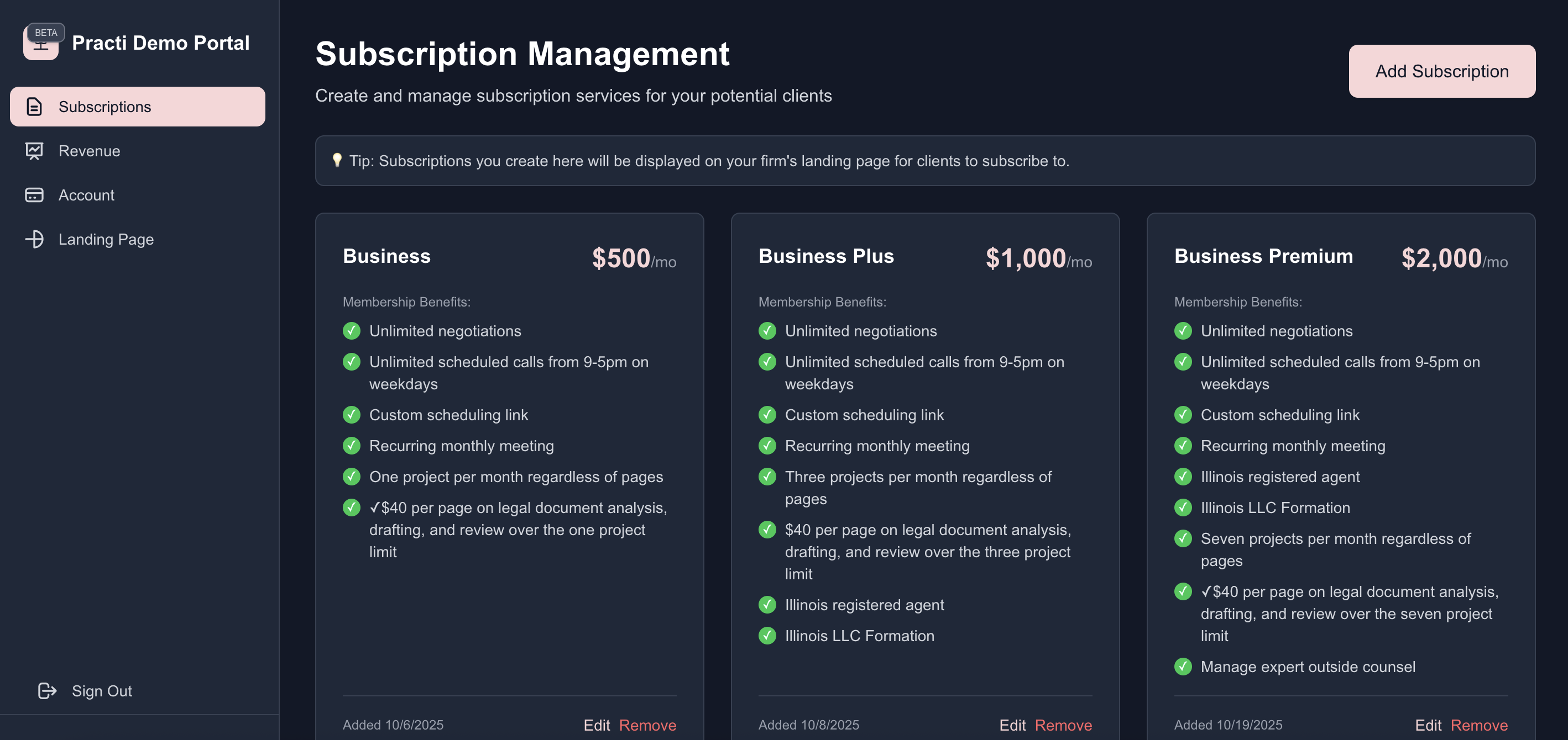 Practi Dashboard - Subscription Management